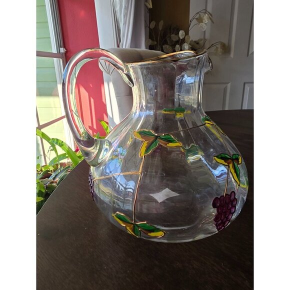 Hand-Painted Glass Pitcher With Grapes & Leaves Design from Romania - Picture 10 of 15